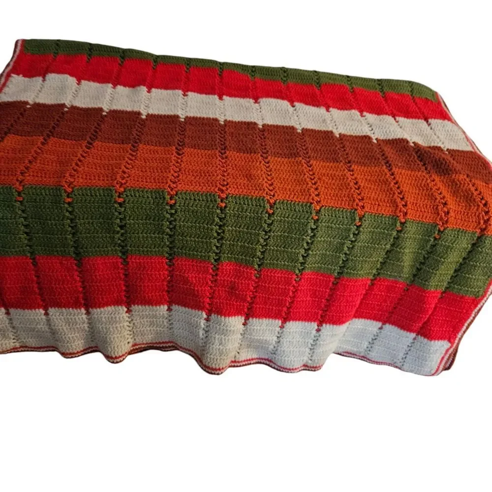 Handmade Autumn Colors Crocheted Lap Blanket 6' X 3'‎ Orange Red Green Throw